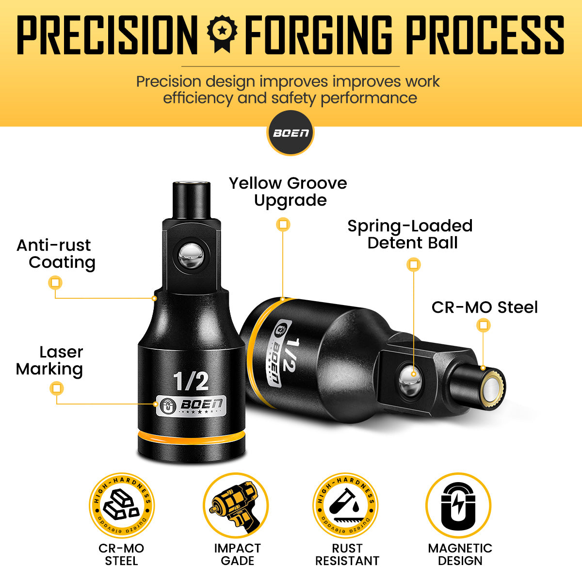 boen Magnetic Socket Extension, 1/2" Drive Magnetic Socket Adapters for Keep Bolts, CR-MO Steel Extension Bars with Magnetic Tips