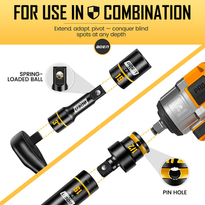 boen 1/2" Drive Impact Socket Set, 36PCS Metric (10-24mm) Deep & Shallow Sockets, 6 Point Design, with Extension Bars, Adapters, Universal Joint, Yellow Embossed Marking