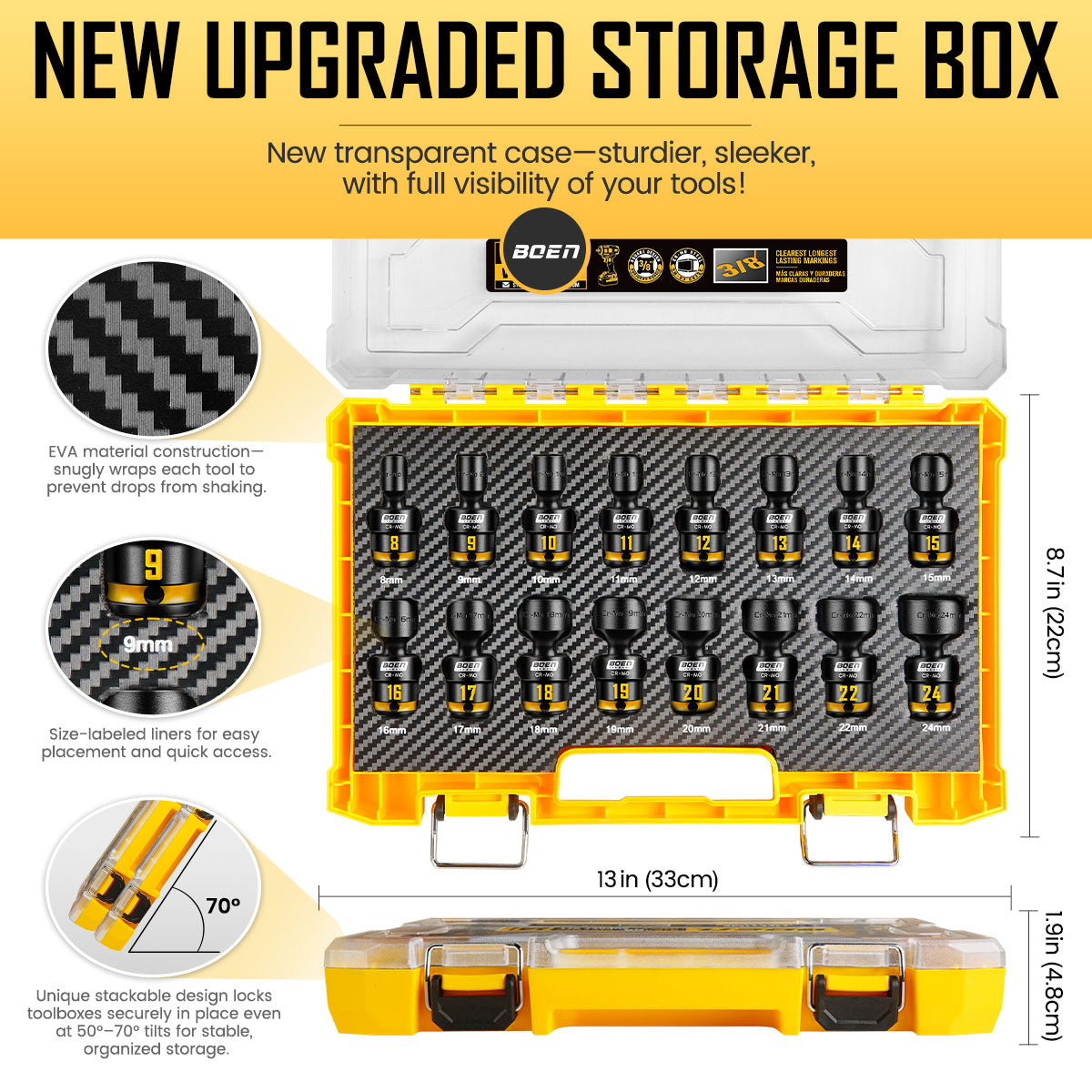 BOEN Pro 3/8 Inch Drive Impact Swivel Socket set, 16-Pieces 8-24mm, 6-Point Shallow Metric Universal Wobbly Sockets With Painted Marking, Cr-Mo, Include PP Case, Fit Into Tight and Narrow Spaces