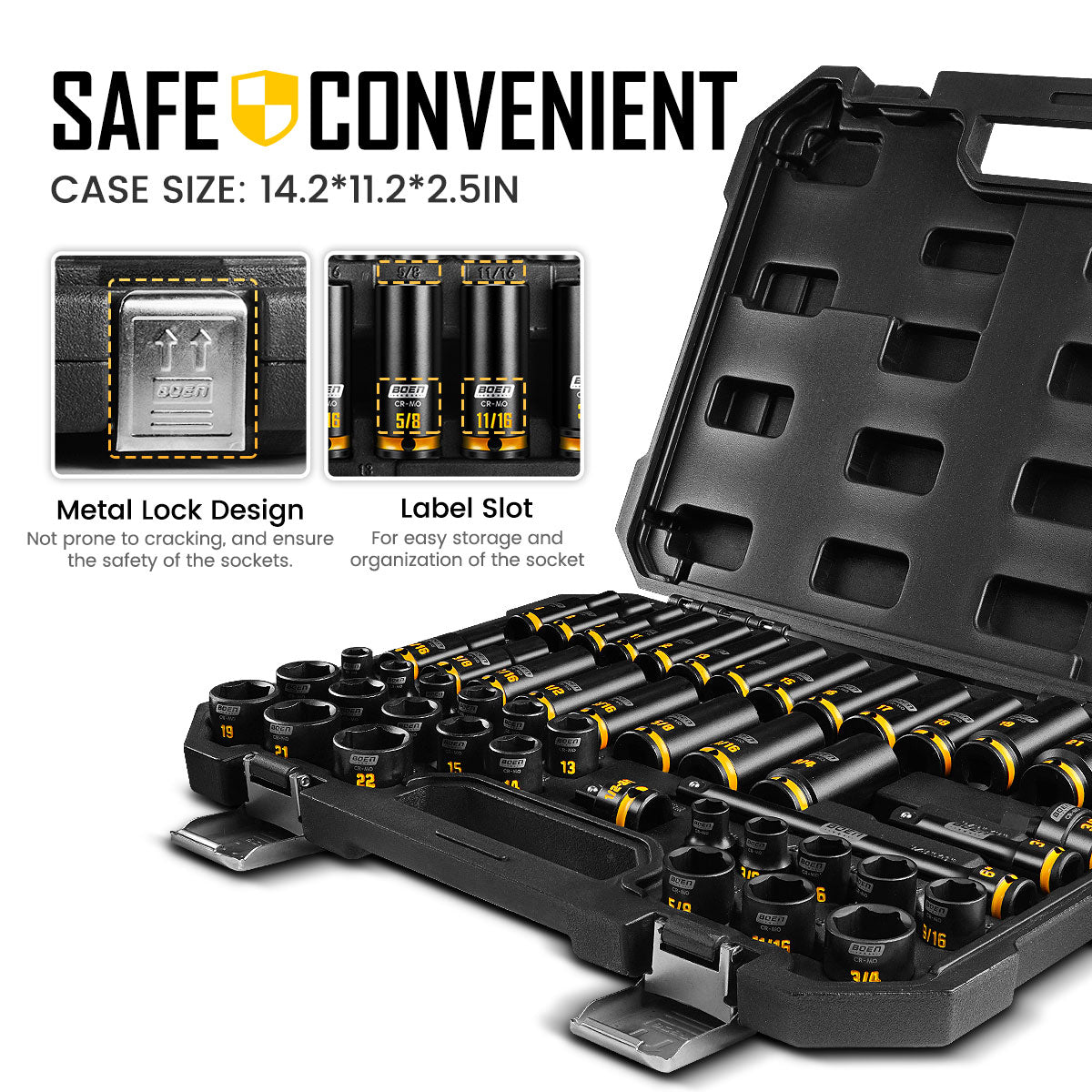boen 3/8" Drive Impact Socket Set, 48-Piece Metric & SAE Size (8-22mm & 5/16"-3/4"), 6-Point Deep & Shallow Socket Set with Extension Bars, Adapter and Universal Joint, CR-MO Steel