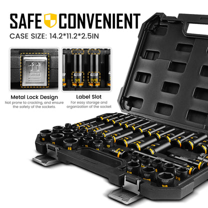 boen 3/8" Drive Impact Socket Set, 48-Piece Metric & SAE Size (8-22mm & 5/16"-3/4"), 6-Point Deep & Shallow Socket Set with Extension Bars, Adapter and Universal Joint, CR-MO Steel