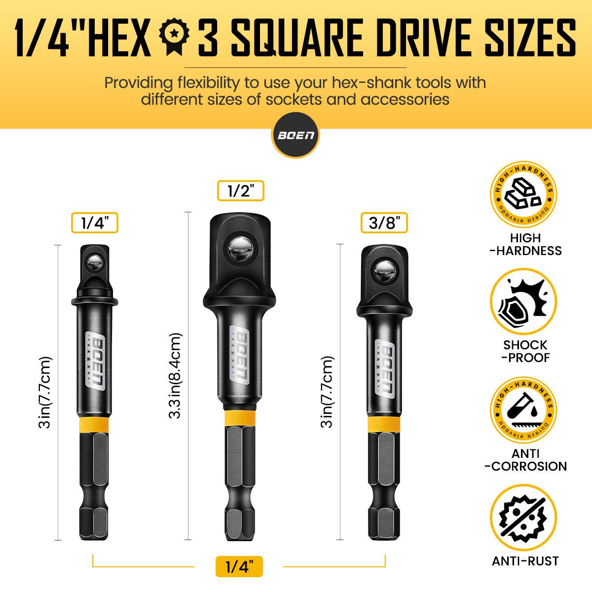 BOEN 9-Piece Impact Socket Adapter & Reducer Set, 1/4" & 3/8" & 1/2" &3/4" Drive Socket Adapter Set with Deep Embossed & Painted Markings, Include 1/4" Drive SAE Hex Shank Adapters