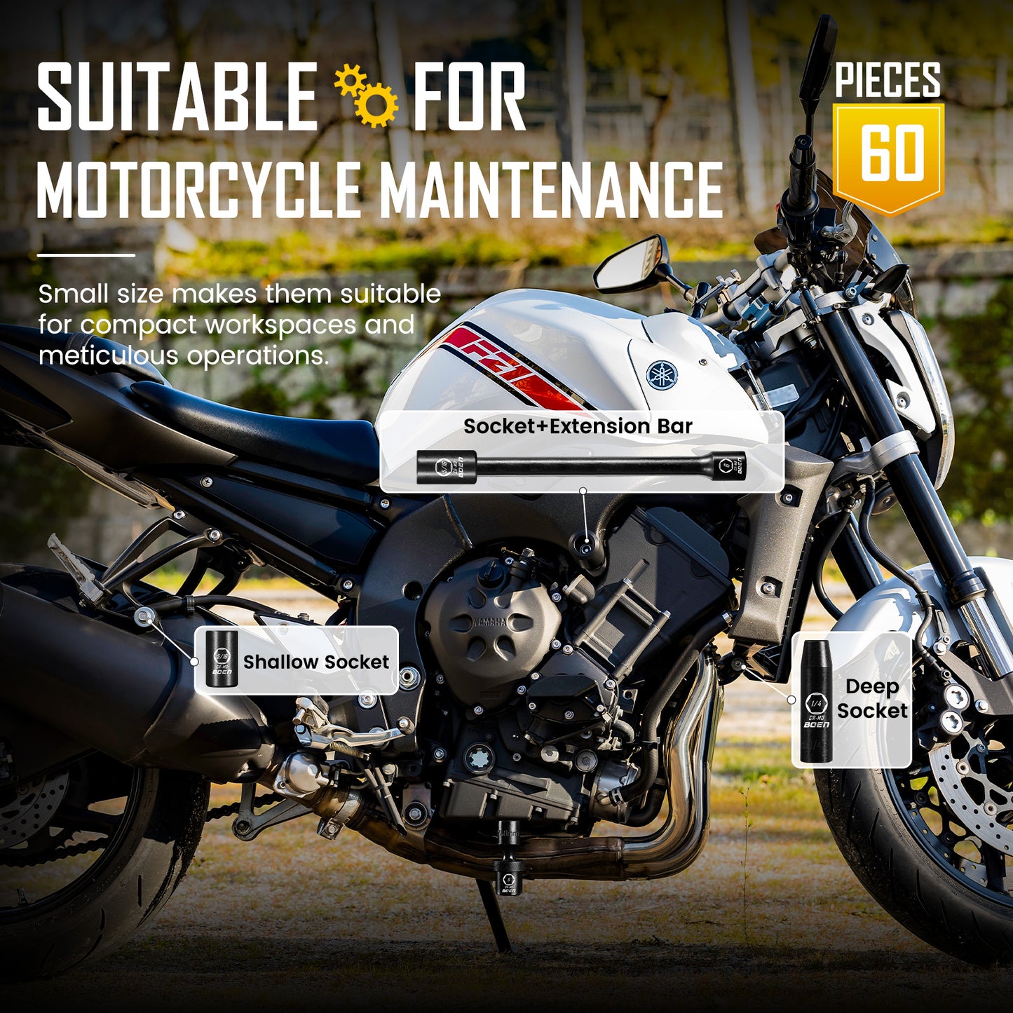 BOEN 1/4" Drive Impact Socket Set, 60-Piece Standard SAE (5/32"-9/16") & Metric (4-15mm), Deep & Shallow Kit, Includes Ratchet Handle,E-torx sockets, Reducer, Extension Bar, Universal Joint