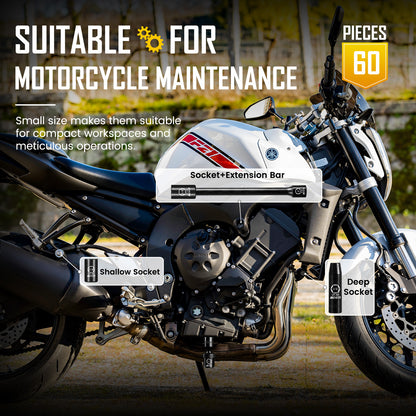 BOEN 1/4" Drive Impact Socket Set, 60-Piece Standard SAE (5/32"-9/16") & Metric (4-15mm), Deep & Shallow Kit, Includes Ratchet Handle,E-torx sockets, Reducer, Extension Bar, Universal Joint