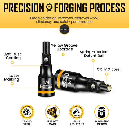 BOEN Magnetic Socket Extension, 1/4" Drive Magnetic Socket Adapters for Keep Bolts, CR-MO Steel Extension Bars with Magnetic Tips