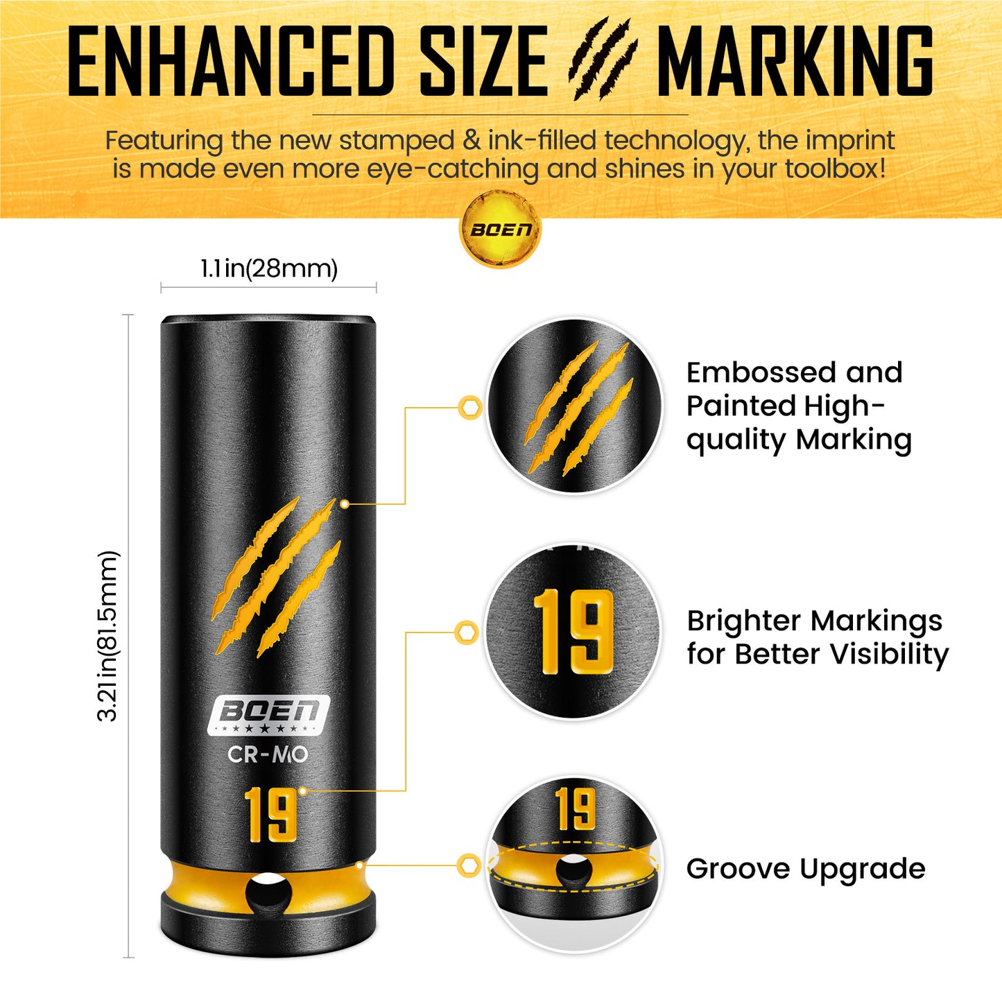 BOEN 7-Piece 1/2" Drive Metric Impact Socket Set, (17, 18, 19, 21, 22, 23, 24 mm) Deep Socket, Chrome-molybdenum Steel, Deep Embossed and Painted Marking, 6-Point Design, Yellow Groove