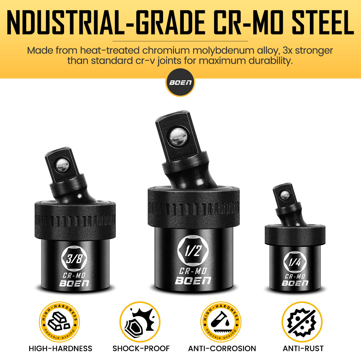 boen Impact Universal Joint Set 1/2", 3/8", 1/4" Drive, 3-Piece Swivel Socket Extensions, Impact Grade Wobble Set Meets ANSI Standards with 2 Size Markings, Chrome Molybdenum Steel for Impact Wrench