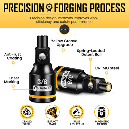 BOEN Magnetic Socket Extension, 3/8" Drive Magnetic Socket Adapters for Keep Bolts, CR-MO Steel Extension Bars with Magnetic Tips
