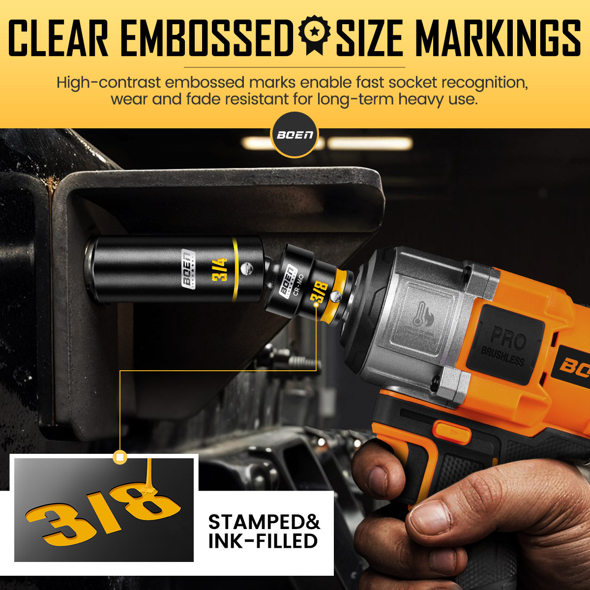 BOEN 3/8" Drive Impact Socket Set, 60PCS Metric (6-22mm) & Standard SAE (5/16"-3/4") Shallow & Deep Sockets, 6-Point Yellow Embossed Marking, with Ratchet Wrench & 7 x 10mm Sockets for Auto Repair