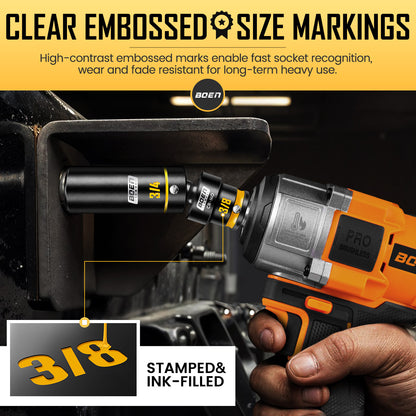 BOEN 3/8" Drive Impact Socket Set, 60PCS Metric (6-22mm) & Standard SAE (5/16"-3/4") Shallow & Deep Sockets, 6-Point Yellow Embossed Marking, with Ratchet Wrench & 7 x 10mm Sockets for Auto Repair