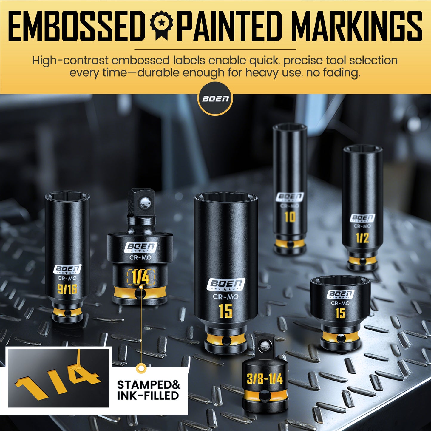 BOEN Pro 1/4" Drive Impact Socket Set, 74-Piece SAE (3/16"-9/16") and Metric (4-15mm), 6-Point Deep & Shallow Kit with Deep Painted Marking, Cr-Mo, Includes Ratchet Handle,Universal Socket for DIYers