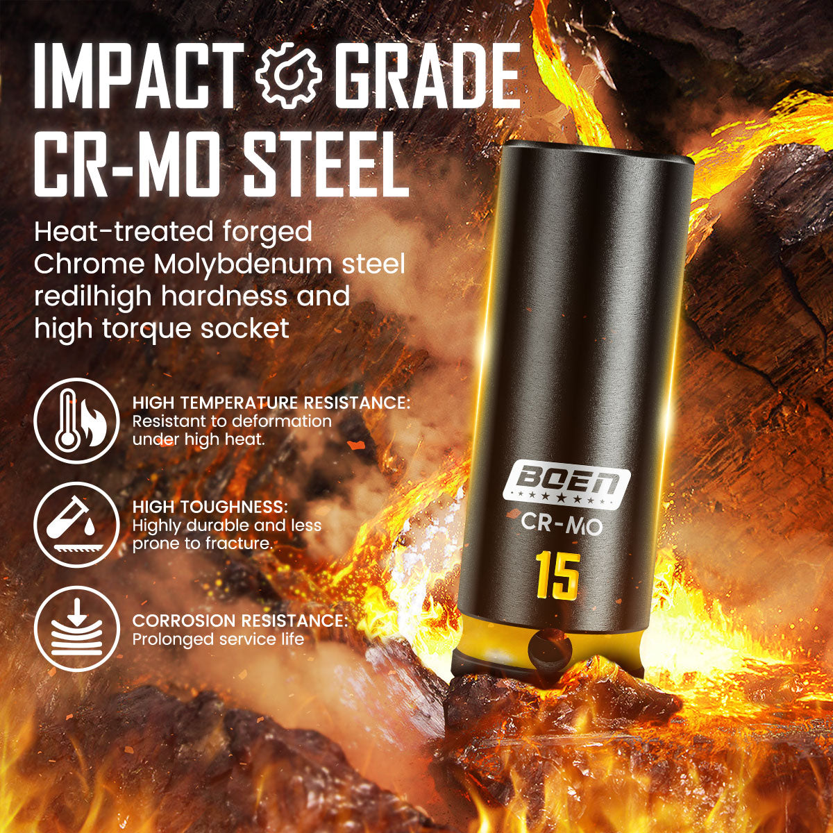 boen 13PCS 7mm-21mm 3/8” Drive Metric Socket Set, Impact Deep Socket, 6-Point with Yellow Embossed Marking, CR-MO Steel