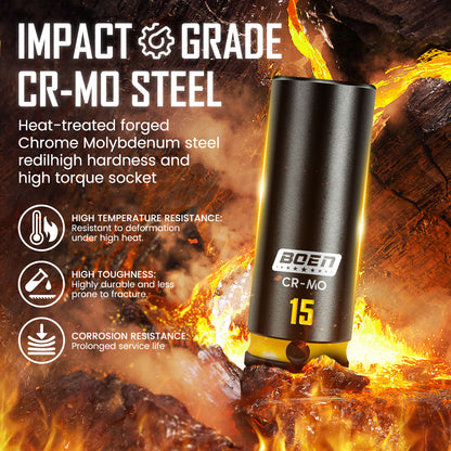 boen 13PCS 7mm-21mm 3/8” Drive Metric Socket Set, Impact Deep Socket, 6-Point with Yellow Embossed Marking, CR-MO Steel