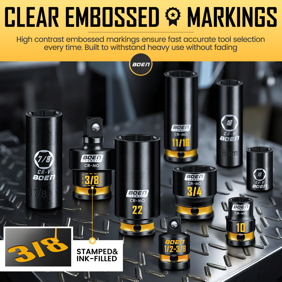 boen 3/8'' Drive Impact Socket Set, 50PCS Standard SAE (5/16 to 3/4 inch) and Metric (8mm-22mm), Deep & Shallow Size, 6-Point with Yellow Embossed Marking, CR-MO