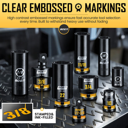 boen 3/8'' Drive Impact Socket Set, 50PCS Standard SAE (5/16 to 3/4 inch) and Metric (8mm-22mm), Deep & Shallow Size, 6-Point with Yellow Embossed Marking, CR-MO