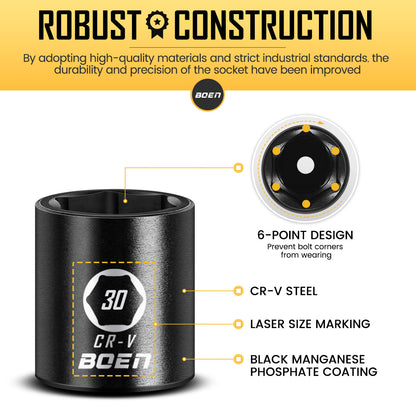 boen 8mm-32mm 1/2” Drive Metric Socket Set, Impact Shallow Socket, 6 Point Lug Nut Socket for Auto Repair with Portable Case, CR-V Steel, 29PCS