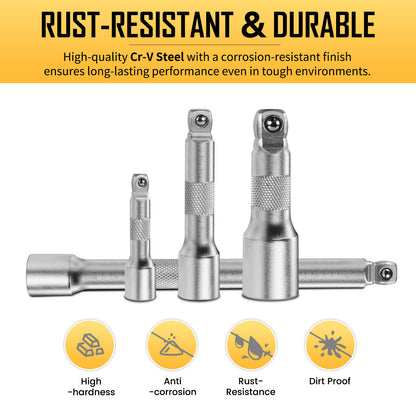 BOEN 9-Piece Wobble Extension Bar Set, 1/2", 3/8" and 1/4" Drive Ratchet Extension for Socket Wrench with Non-Slip Grip, 2-in-1 Straight and Wobble, Chrome Vanadium Steel