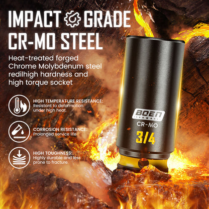 boen 3/8'' Drive Impact Socket Set, 50PCS Standard SAE (5/16 to 3/4 inch) and Metric (8mm-22mm), Deep & Shallow Size, 6-Point with Yellow Embossed Marking, CR-MO