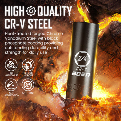 BOEN 3/8" Drive Impact Socket Set, 6 Point 44-Piece SAE (5/16 to 3/4 inch) and Metric (8-19mm, 21mm, 22mm) Full, Deep & Shallow Socket Kit, Cr-V Steel for Impact Wrench and Ratchet Handle