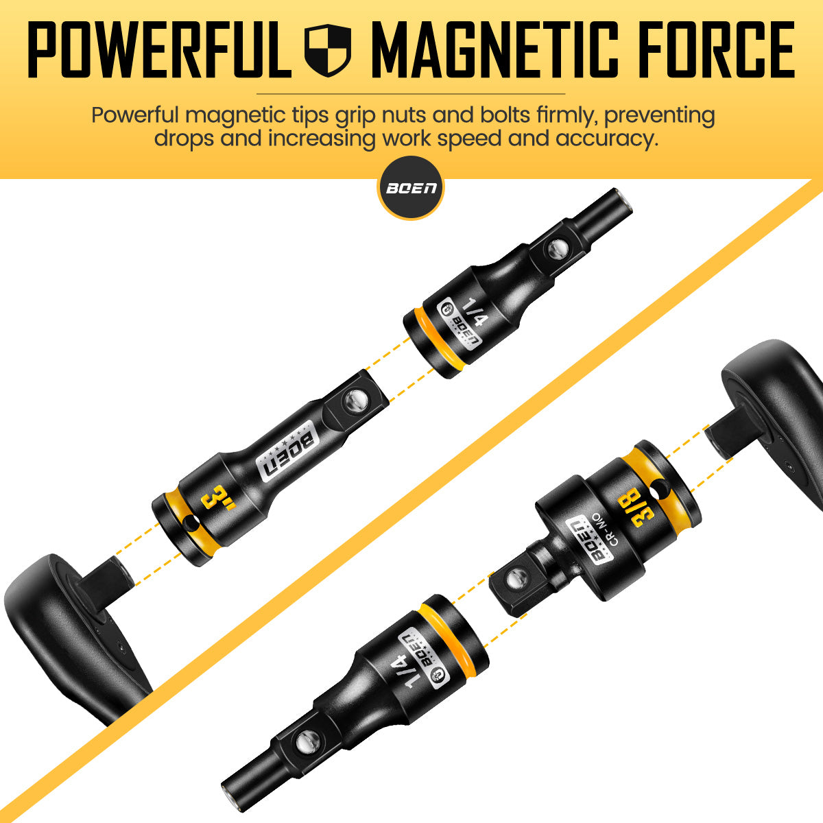 BOEN Magnetic Socket Extension, 1/4" Drive Magnetic Socket Adapters for Keep Bolts, CR-MO Steel Extension Bars with Magnetic Tips