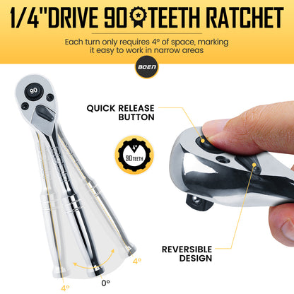 Boen 25 Pieces 1/4" Drive Socket Set, SAE (5/32"-9/16") & Metric (4mm-14mm), 6-Point, Shallow Sockets with Ratchet, Extension Bars and Storage Case,Cr-V Steel