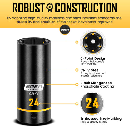 boen 1/2" Drive Impact Socket Set, 36PCS Metric (10-24mm) Deep & Shallow Sockets, 6 Point Design, with Extension Bars, Adapters, Universal Joint, Yellow Embossed Marking