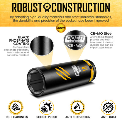 BOEN 7-Piece 1/2" Drive Metric Impact Socket Set, (17, 18, 19, 21, 22, 23, 24 mm) Deep Socket, Chrome-molybdenum Steel, Deep Embossed and Painted Marking, 6-Point Design, Yellow Groove