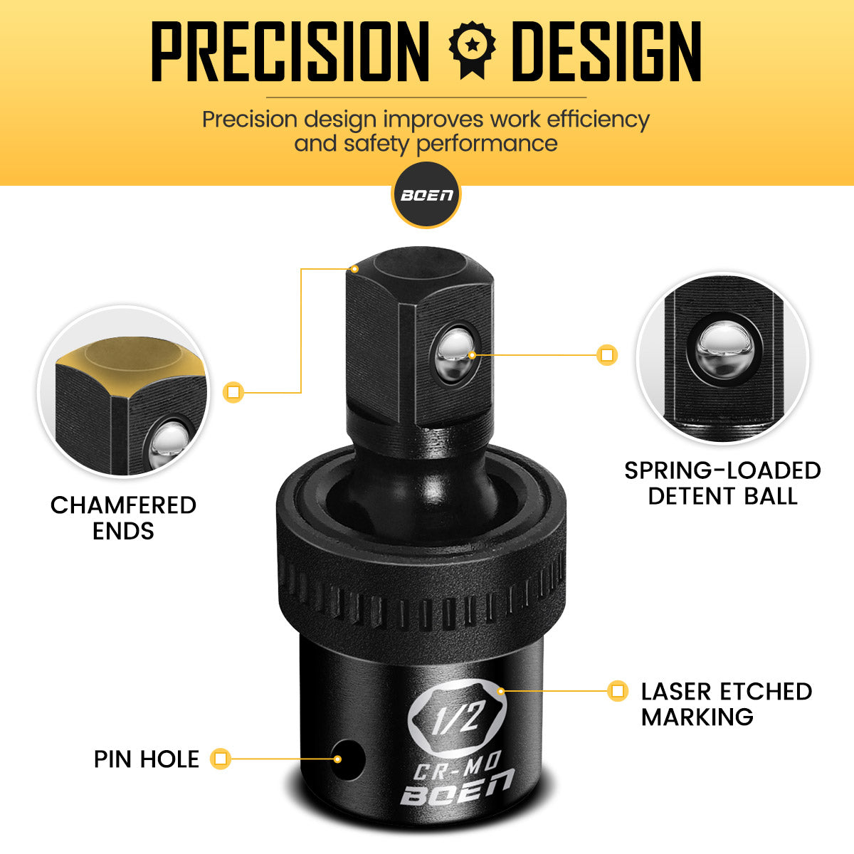 boen Impact Universal Joint Set 1/2", 3/8", 1/4" Drive, 3-Piece Swivel Socket Extensions, Impact Grade Wobble Set Meets ANSI Standards with 2 Size Markings, Chrome Molybdenum Steel for Impact Wrench