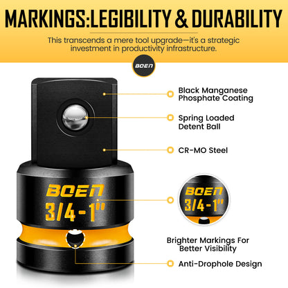 boen PRO 3/4" F to 1" M Impact Socket Adapter, Impact Driver Conversions for Impact Wrench, CR-MO Steel, Embossed and Painted Marking