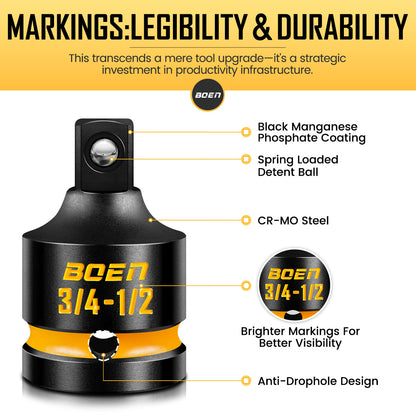 boen PRO 3/4" F to 1/2" M Impact Socket Reducer, Impact Driver Conversions for Impact Wrench, CR-MO Steel, Embossed and Painted Marking