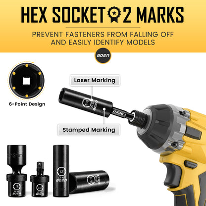 Boen Impact Socket Set 1/4 Inch Drive 72-Piece, 6-Point SAE(3/16-9/16 inch) and Metric (4-15mm) Sizes, Deep & Shallow Kit Includes Swivel Sockets, Extension Bar, Adapters & Universal Joint, CR-MO