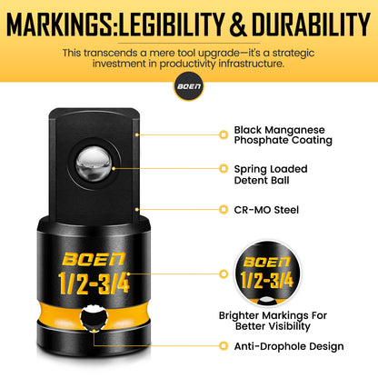 boen PRO 1/2" F to 3/4" M Impact Socket Adapter, Impact Driver Conversions for Impact Wrench, CR-MO Steel, Embossed and Painted Marking