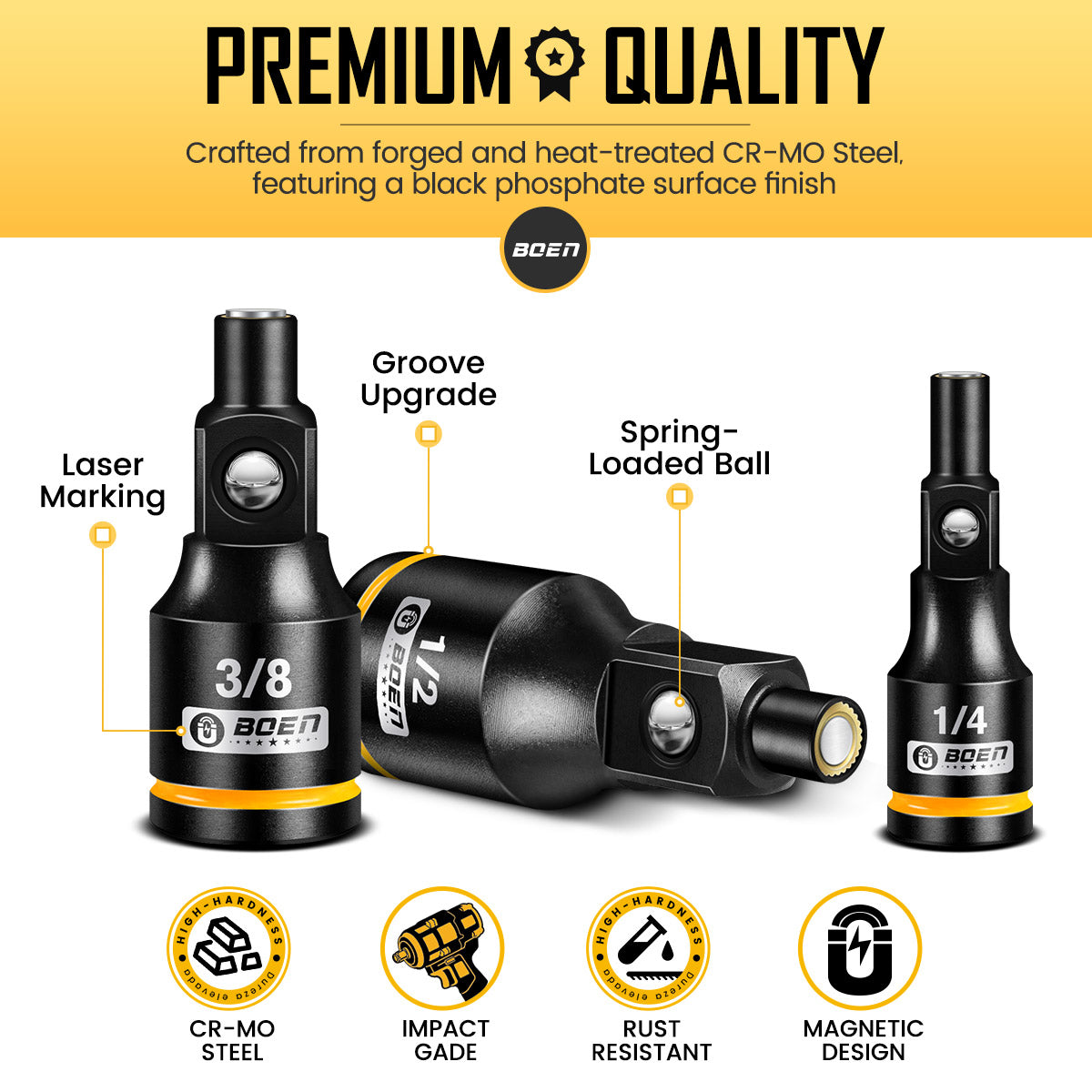 BOEN 3-Piece Magnetic Socket Extension Set, 1/4", 3/8", 1/2" Drive for Automotive and DIY Repairs, Tight Spaces, Mechanics & Home Use