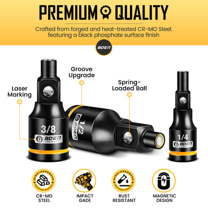 BOEN 3-Piece Magnetic Socket Extension Set, 1/4", 3/8", 1/2" Drive for Automotive and DIY Repairs, Tight Spaces, Mechanics & Home Use