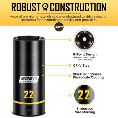 BOEN 3/8" Drive Impact Socket Set, 60PCS Metric (6-22mm) & Standard SAE (5/16"-3/4") Shallow & Deep Sockets, 6-Point Yellow Embossed Marking, with Ratchet Wrench & 7 x 10mm Sockets for Auto Repair