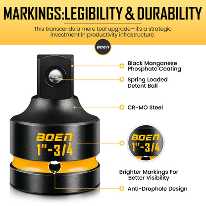 boen PRO 1" F to 3/4" M Impact Socket Reducer, Impact Driver Conversions for Impact Wrench, CR-MO Steel, Embossed and Painted Marking