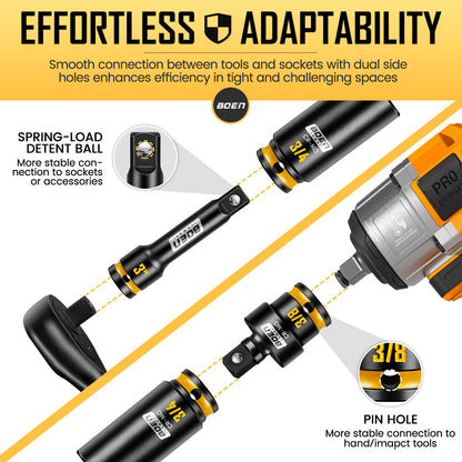 boen 3/8" Drive Impact Socket Set, 48-Piece Metric & SAE Size (8-22mm & 5/16"-3/4"), 6-Point Deep & Shallow Socket Set with Extension Bars, Adapter and Universal Joint, CR-MO Steel