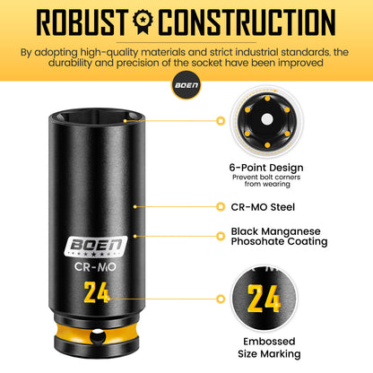 boen 1/2'' Drive Impact Socket Set, 35PCS SAE (3/8 to 1-1/4 inch) and Metric (8mm-24mm), Deep Socket Set, 6-Point with Yellow Embossed Marking, CR-MO
