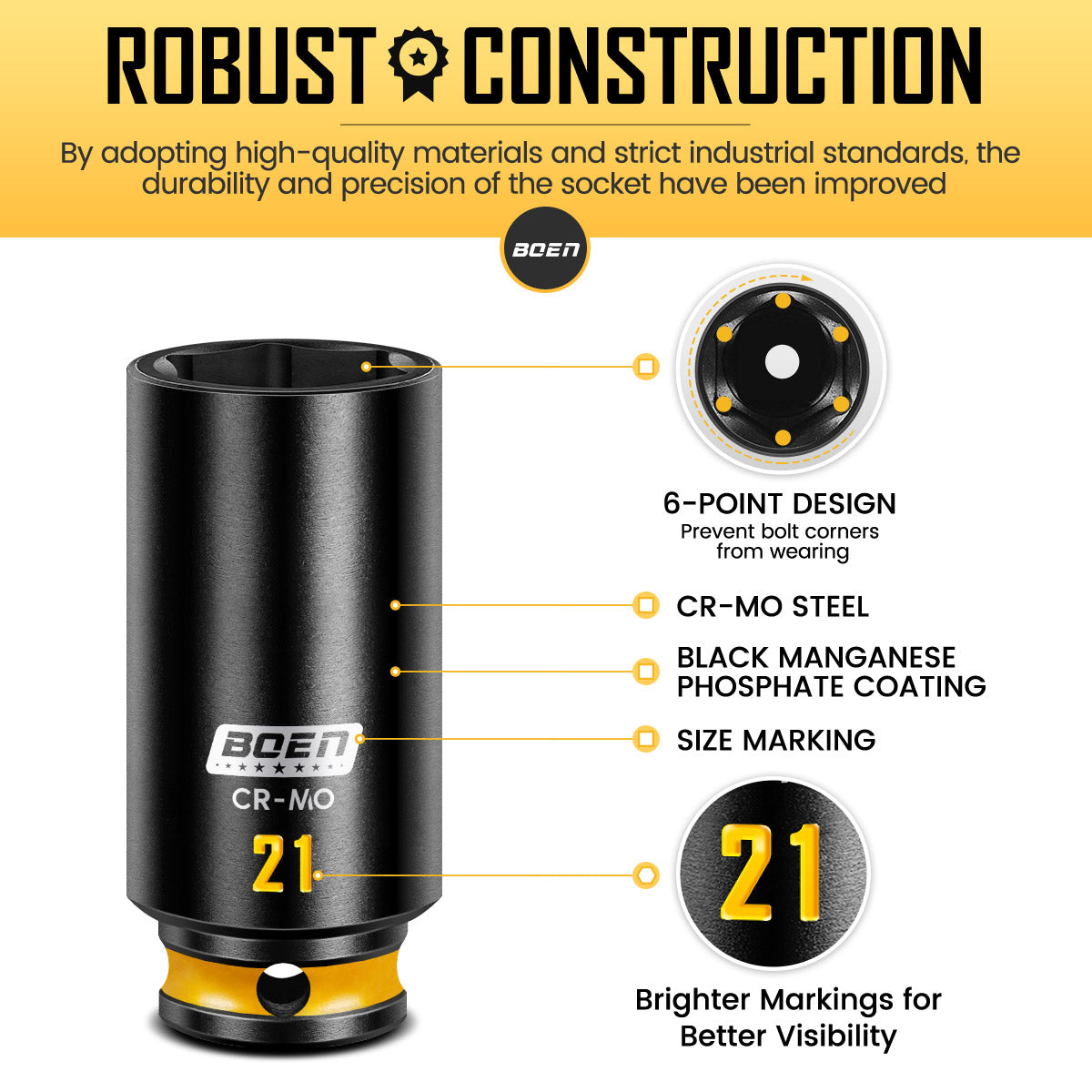 boen 13PCS 7mm-21mm 3/8” Drive Metric Socket Set, Impact Deep Socket, 6-Point with Yellow Embossed Marking, CR-MO Steel