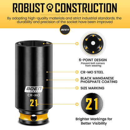 boen 13PCS 7mm-21mm 3/8” Drive Metric Socket Set, Impact Deep Socket, 6-Point with Yellow Embossed Marking, CR-MO Steel
