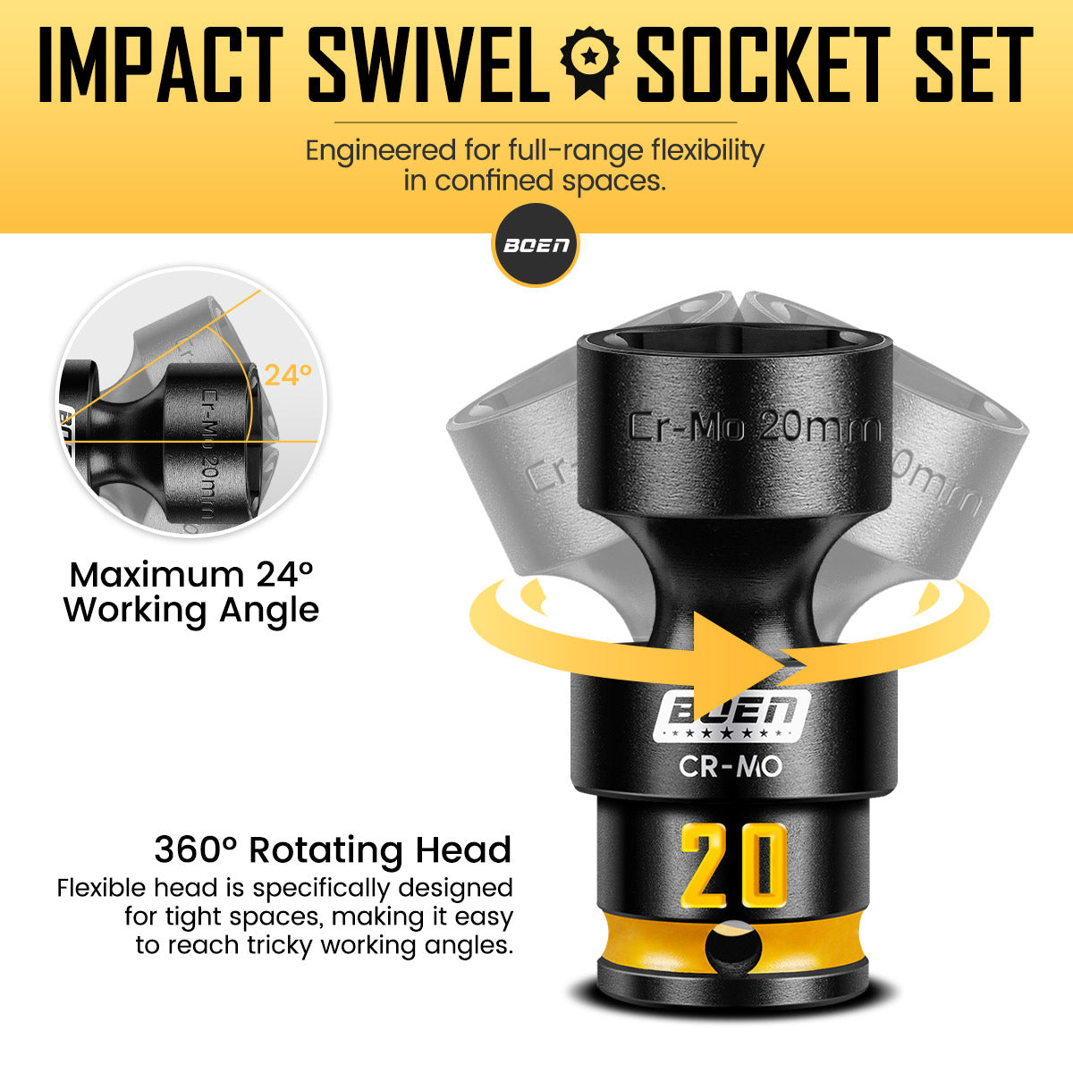 BOEN Pro 3/8 Inch Drive Impact Swivel Socket set, 16-Pieces 8-24mm, 6-Point Shallow Metric Universal Wobbly Sockets With Painted Marking, Cr-Mo, Include PP Case, Fit Into Tight and Narrow Spaces