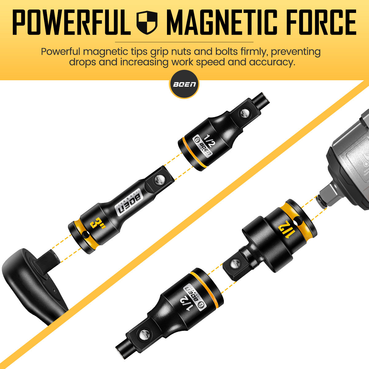 boen Magnetic Socket Extension, 1/2" Drive Magnetic Socket Adapters for Keep Bolts, CR-MO Steel Extension Bars with Magnetic Tips