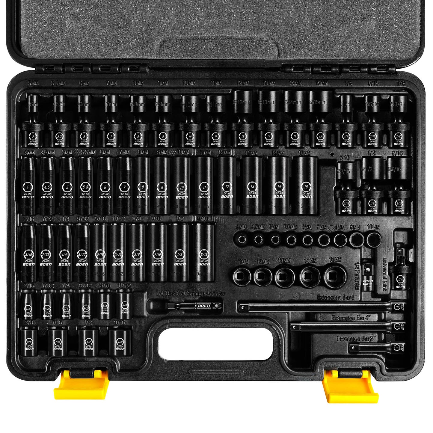 Boen Impact Socket Set 1/4 Inch Drive 72-Piece, 6-Point SAE(3/16-9/16 inch) and Metric (4-15mm) Sizes, Deep & Shallow Kit Includes Swivel Sockets, Extension Bar, Adapters & Universal Joint, CR-MO