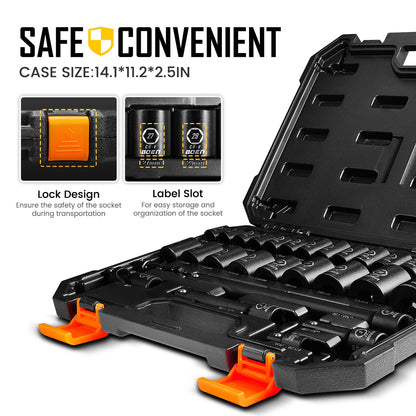 boen 8mm-32mm 1/2” Drive Metric Socket Set, Impact Shallow Socket, 6 Point Lug Nut Socket for Auto Repair with Portable Case, CR-V Steel, 29PCS