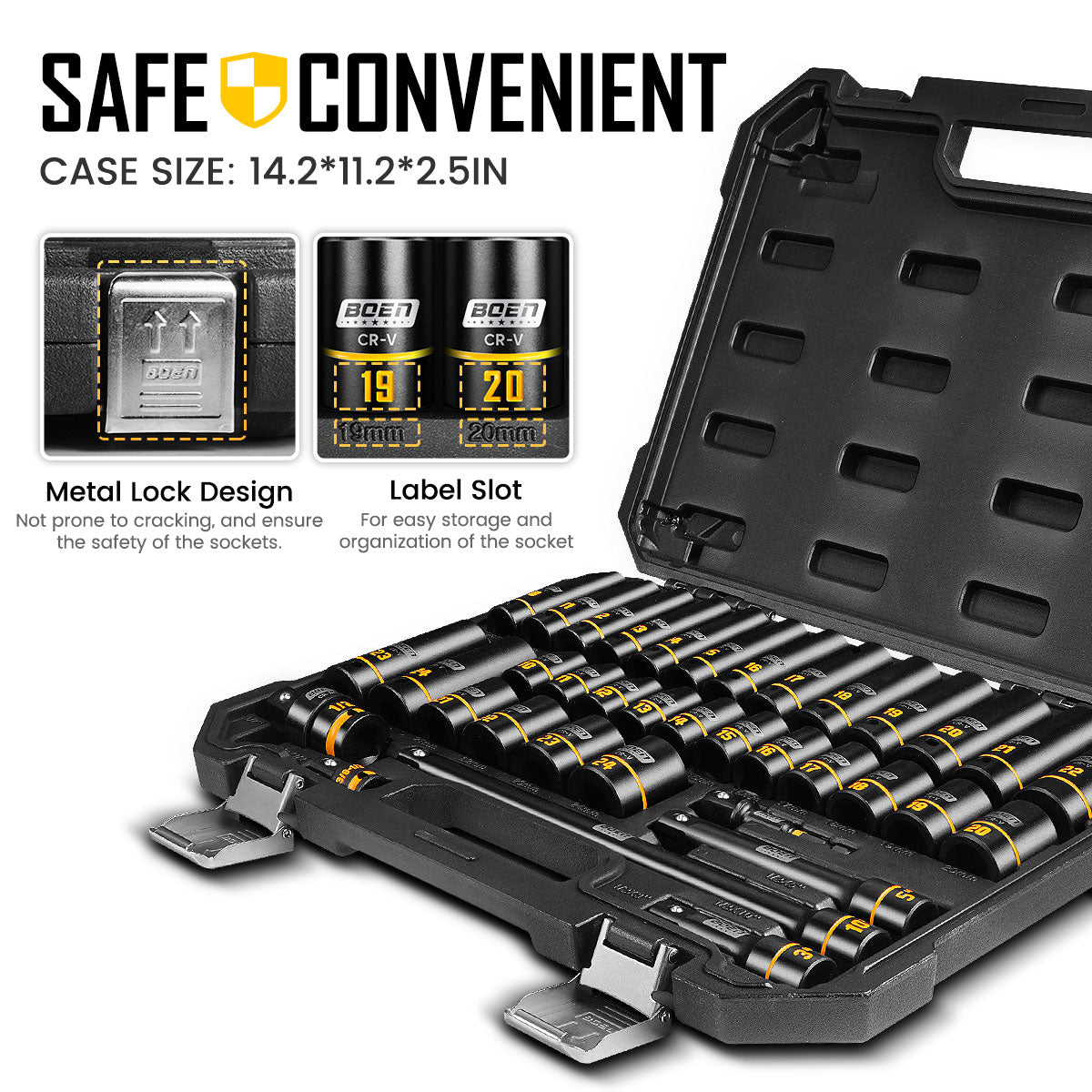 boen 1/2" Drive Impact Socket Set, 36PCS Metric (10-24mm) Deep & Shallow Sockets, 6 Point Design, with Extension Bars, Adapters, Universal Joint, Yellow Embossed Marking