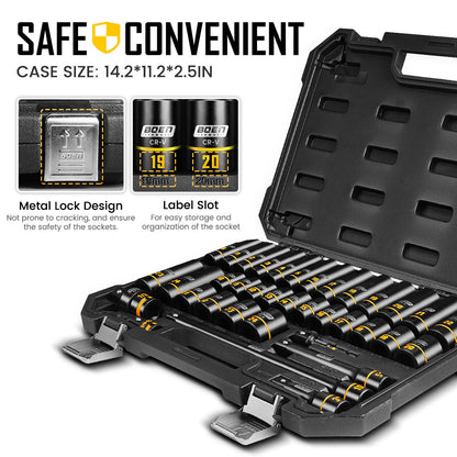 boen 1/2" Drive Impact Socket Set, 36PCS Metric (10-24mm) Deep & Shallow Sockets, 6 Point Design, with Extension Bars, Adapters, Universal Joint, Yellow Embossed Marking