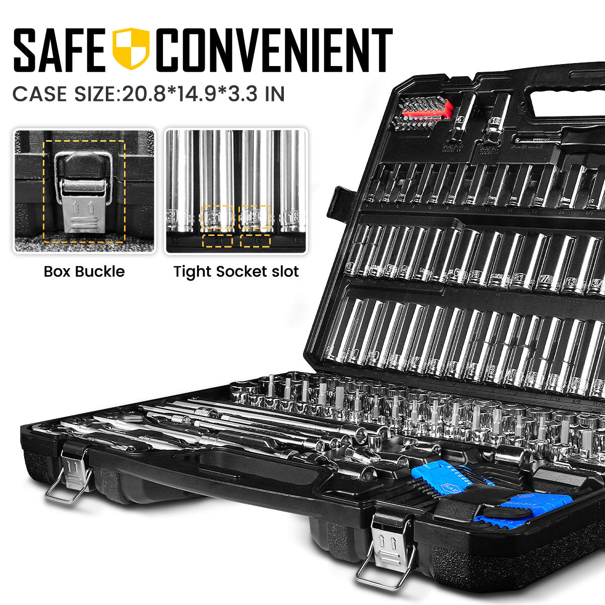 BOEN 225PCS Mechanic Tool Set, 1/4" & 3/8" & 1/2" Drive Socket Wrench Set, Metric and Standard Full Socket Set, with 90-Tooth Ratchet, Auto and Bike Repair with Heavy Duty Case