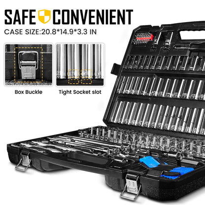 BOEN 225PCS Mechanic Tool Set, 1/4" & 3/8" & 1/2" Drive Socket Wrench Set, Metric and Standard Full Socket Set, with 90-Tooth Ratchet, Auto and Bike Repair with Heavy Duty Case