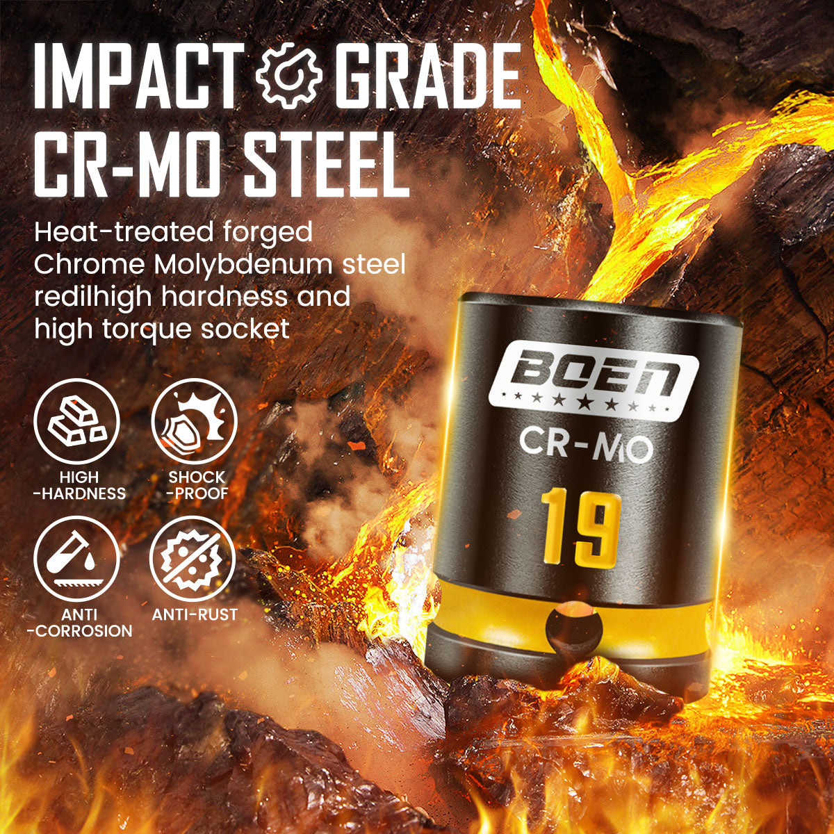 BOEN Pro 1/2" Drive Shallow Impact Socket Set, 14-Piece 6-Point Metric (10-19mm, 21, 22, 26, 27mm) Standard Socket Kit with Deep Embossed and Painted Marking, CR-MO, Includes Rugged PP Case