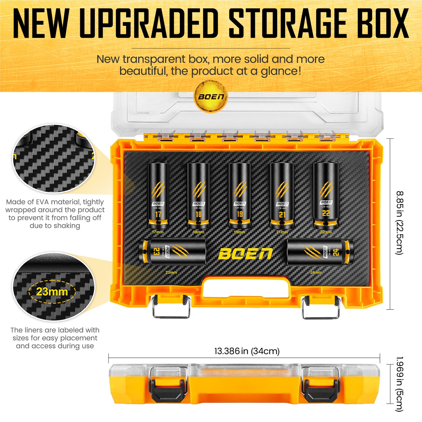 BOEN 7-Piece 1/2" Drive Metric Impact Socket Set, (17, 18, 19, 21, 22, 23, 24 mm) Deep Socket, Chrome-molybdenum Steel, Deep Embossed and Painted Marking, 6-Point Design, Yellow Groove